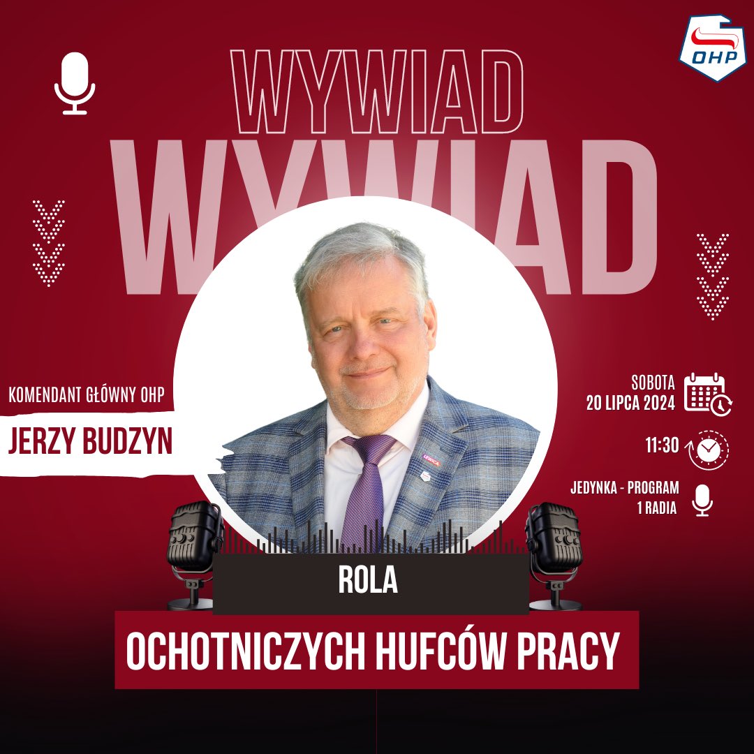 KG_OHP's tweet photo. 📣 Już dzisiaj wywiad Komendanta Głównego Ochotniczych Hufców Pracy - Pana Jerzego Budzyna w @RadiowaJedynka.

🎤 Zachęcamy do słuchania i oglądania! 

⏰ Dzisiaj godzina 11:30

#KGOHP
#Kierownictwo
#Wywiad
#Radio https://t.co/qCGl6fmBrc