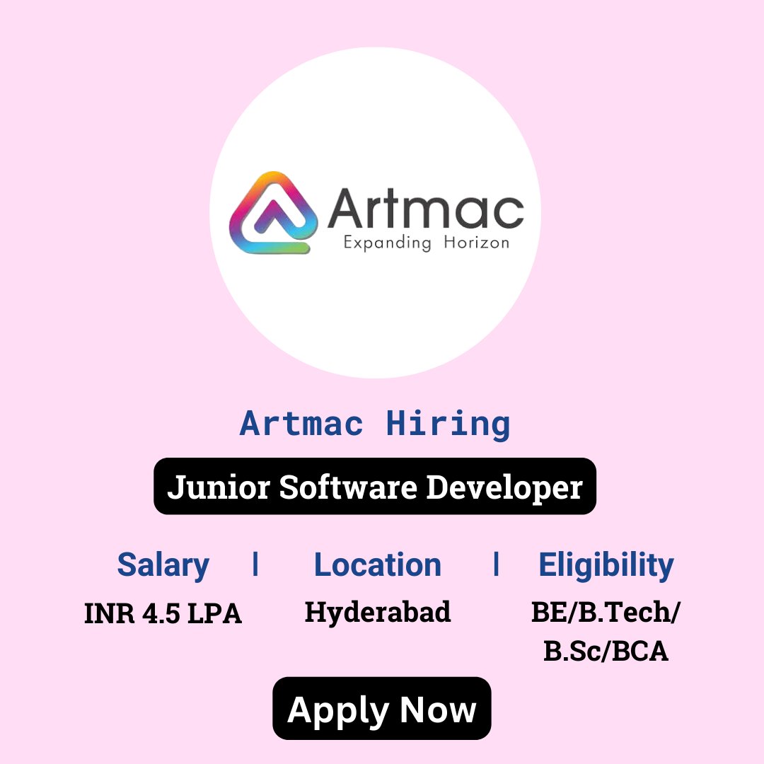 karthikpattadi's tweet image. 🌟 Exciting Opportunity! Artmac is hiring Junior Software Developers for 2024!
👉 Apply Now: zurl.co/AHPp
📲 Join Our WhatsApp Group: zurl.co/ySPA
#Artmac #JuniorSoftwareDeveloper #offcampusdrive #2024batch #fresherjobs