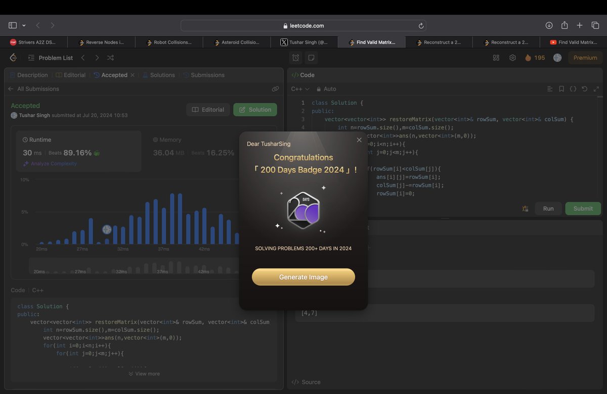 tusharsingh1702's tweet image. I got my 200 days badge for 2024! Solved problems for over 200 days this year and missed only 2 days so far! 🎉📷 #Consistency #leetcode