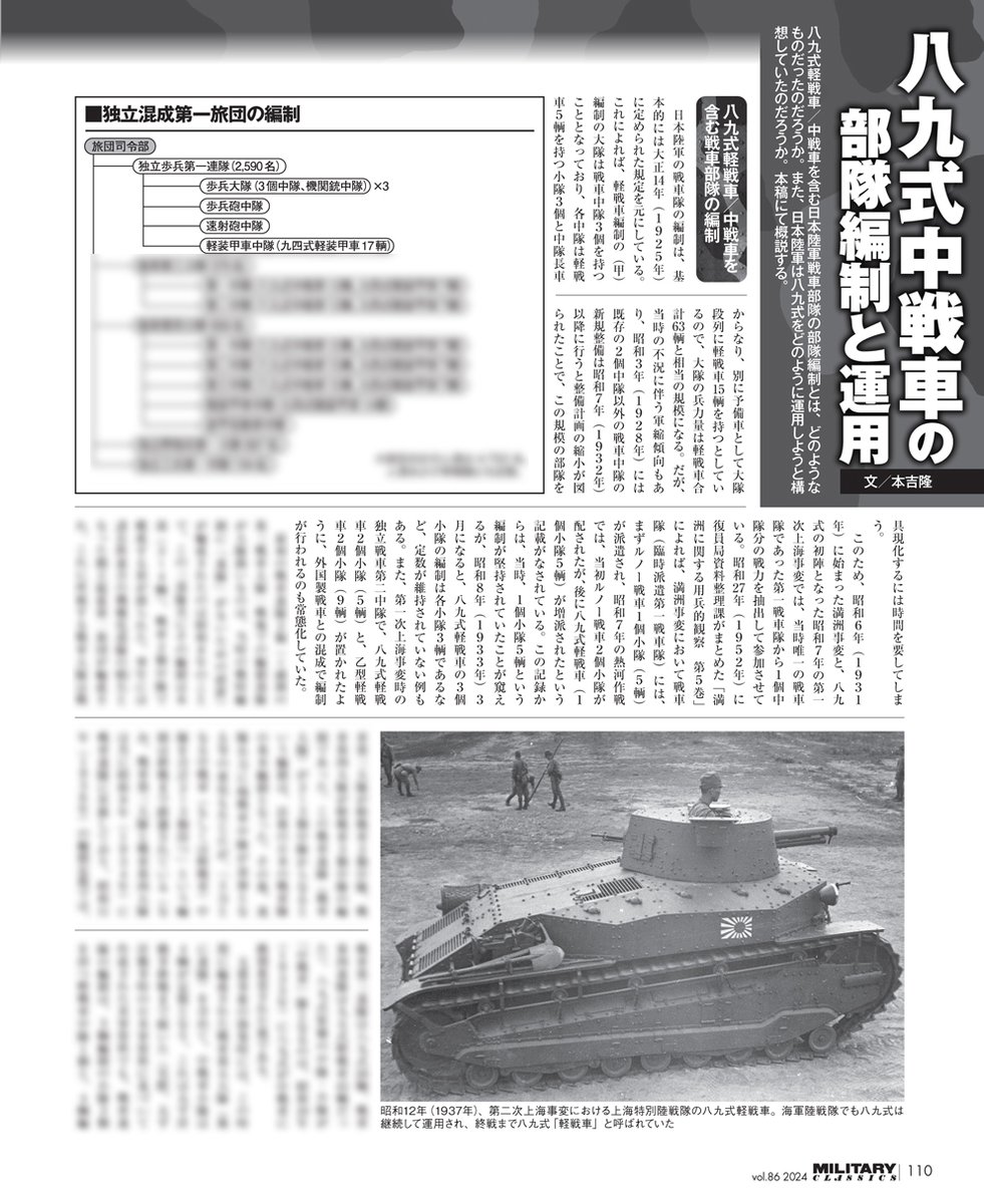 ミリタリー・クラシックス86号の第2特集は、はっきゅんこと八九式中戦車イ号!
日本初の国産量産戦車を、吉川和篤先生@yosizo と本吉隆先生が、これでもか!これでもか!とマニアックに解説します!図版・写真・イラストも多数!
https://t.co/a8Vy3gJiLb