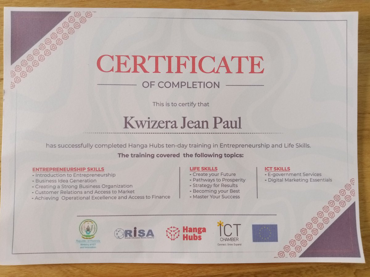 AgroJeanPaul's tweet photo. Grateful for the invaluable training and insights gained during the 10-day Hanga Hub program. Proud to receive my Certificate of Completion, marking a significant step forward in my professional journey. #HangaHub #ProfessionalGrowth #ContinuousLearning
#RISA
#ICTCHAMBER https://t.co/2E3xq07IZm