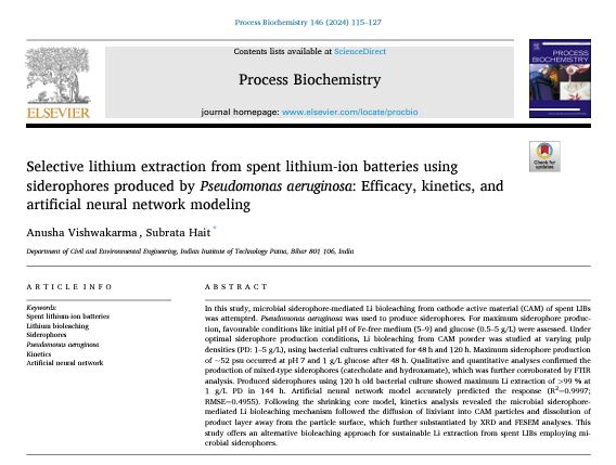 er_subu's tweet photo. Our recent article in #ProcessBiochemistry deals with siderophore-mediated Li bioleaching from spent LIBs using P. aeruginosa and associated process kinetics and modeling. Congrats to @AnushaVishwaka5! 50 days' free access at: https://t.co/KjXqKx9L4Z
@ELSenviron @ElsevierConnect https://t.co/qMZXH6EIky