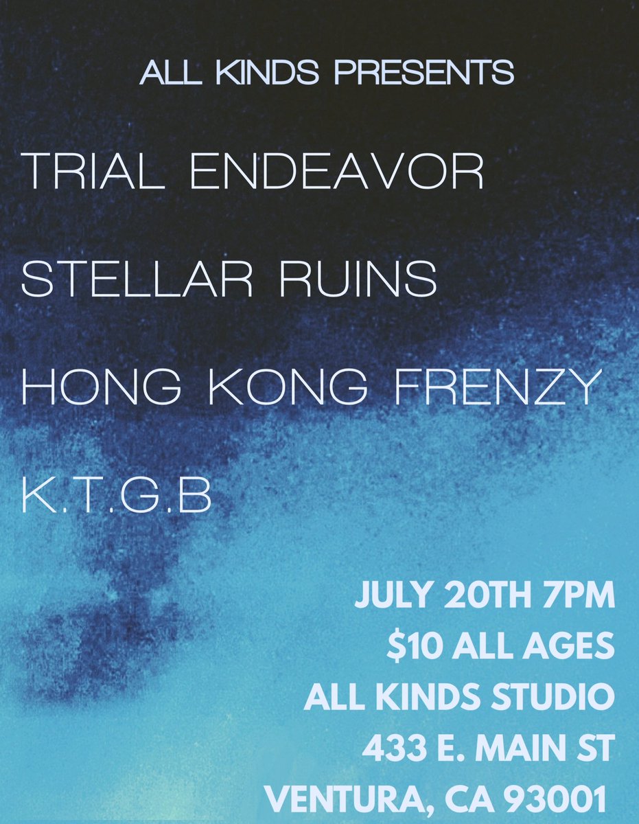 Playing TOMORROW NIGHT (Saturday 7/20) 🚨 in Downtown Ventura at All Kinds Studio with Trial Endeavor and Hong Kong Frenzy. $10/All Ages/Doors at 6pm - livestream on our IG at 8:30PM PDT.
#shoegaze #livemusic