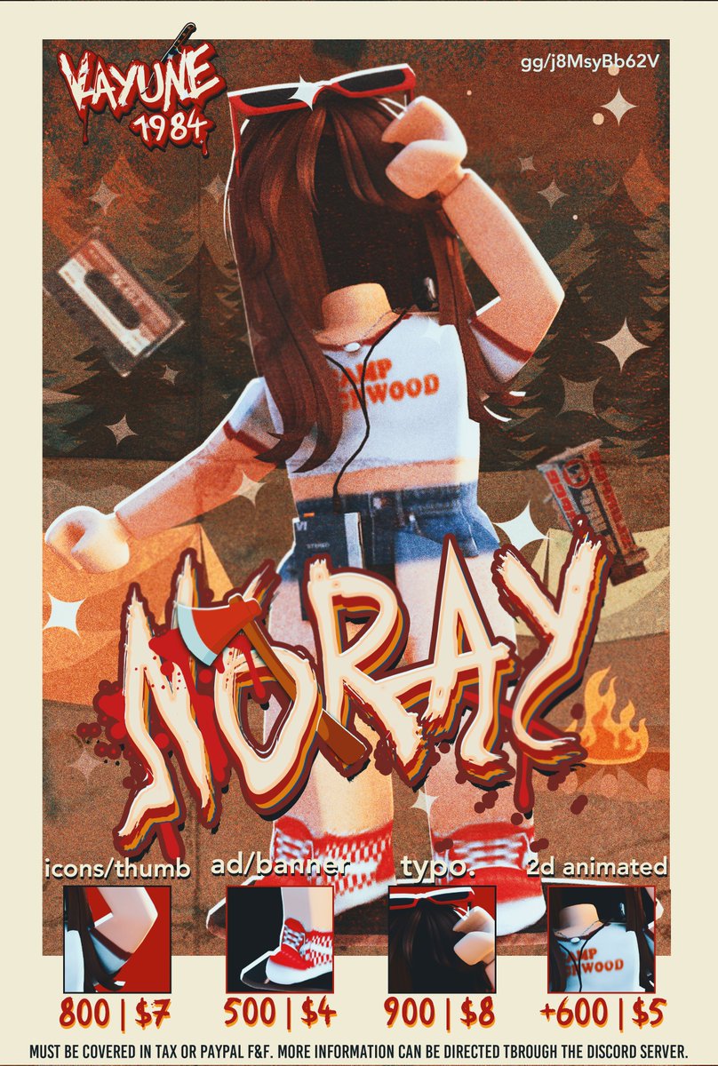 🪓 NORA'S COMMISSION POSTER

graphic themed **summer 80s slasher camp**, inspired by the following movies/TV show: Fear Street, AHS 1984, Stranger Things, Sleepway Camp 🔪

#gfx #robloxgfx #art #robloxart #robloxdev #robloxdevs