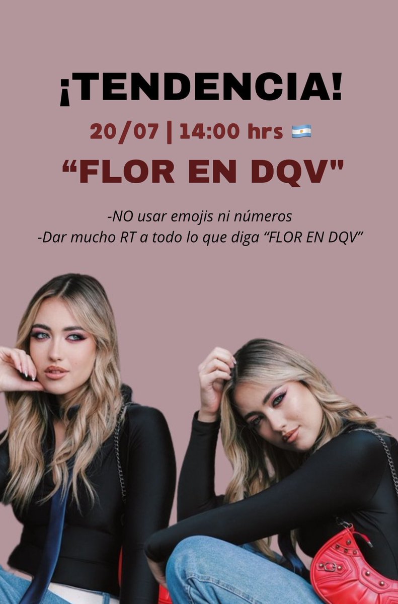 Mañana Flor estará en el programa "Dale Que Va" en Uruguay y con algunas fans de Flor organizamos esta tendencia 🌸

HORARIOS PARA LA TT:
🇦🇷🇺🇾: 14:00 p.m
🇨🇱🇻🇪: 13:00 p.m
🇨🇴🇵🇪: 12:00 p.m
🇪🇸: 19:00 p.m

- Flor estará en el programa 1h después de iniciar la TT

 #TeamFlor DIFUNDAN!