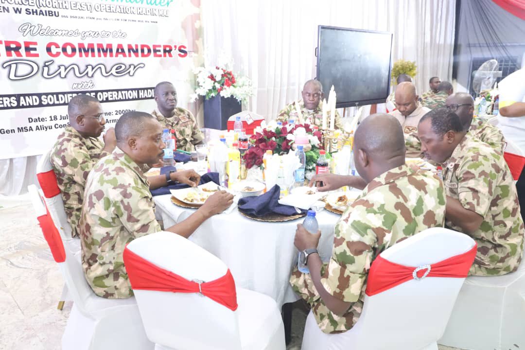 THEATRE COMMANDER HOSTS TROOPS TO A DINNER....Commends their operational posture, charges them to gear up for the wet season operations

The Theatre Commander (TC) Joint Task Force (JTF) North East (NE) Operation HADIN KAI (OPHK) Major General Waidi Shaibu has on Thursday, 18