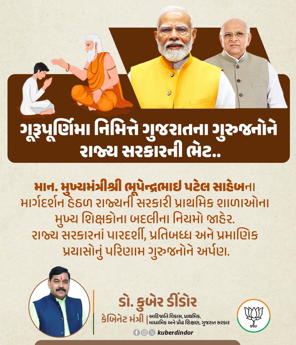 kuberdindor's tweet photo. ગૂરૂપૂર્ણિમા નિમિત્તે ગુજરાતના ગુરુજનોને રાજ્ય સરકારની ભેટ..

માન. મુખ્યમંત્રીશ્રી @Bhupendrapbjp સાહેબના માર્ગદર્શન હેઠળ રાજ્યની સરકારી પ્રાથમિક શાળાઓના મુખ્ય શિક્ષકોના બદલીના નિયમો જાહેર.

રાજ્ય સરકારનાં પારદર્શી, પ્રતિબધ્ધ અને પ્રમાણિક પ્રયાસોનું પરિણામ ગુરુજનોને અર્પણ.

#DrKuberDindor #EducationDecision #GuruPurnima #ShalaPraveshotsav2024 #Education #SchoolEducation  #Gujarat