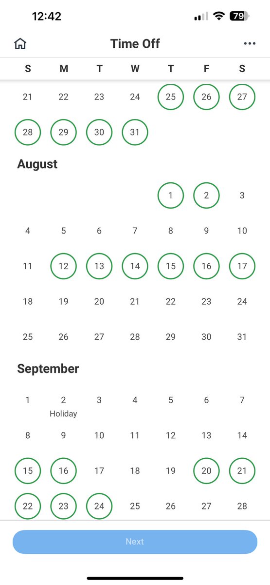 LeeJen_11's tweet photo. My vacation or should I say vacation’s, consist of 3 separate trips to 3 different states. The green are the days I’ve requested off 😂. https://t.co/Lug8e84GC5