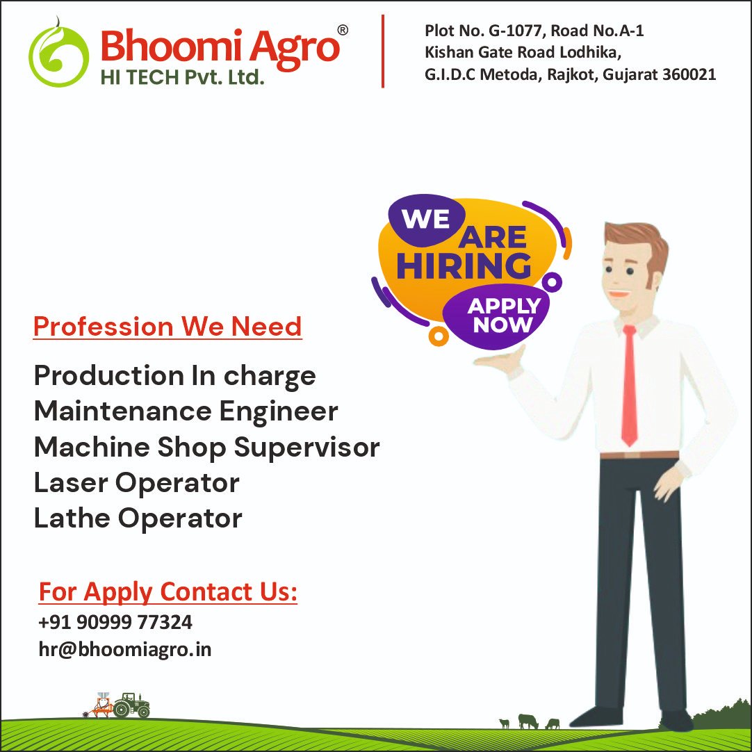 BhoomiAgro's tweet photo. #farmequipment #farming #farmlife #farm #farminglife #farmingequpiment #bhoomiagro #thinkbhoomiagro #thinkfarming #hiring #rajkotjob #gujarathiring #gujaratjobs #GujaratNaukri https://t.co/CHjQKQ1DiD