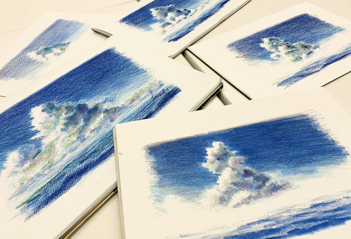 kazuyuki_yae's tweet photo. 今月のお題のテーマは、「夏空」
講座のたびに描いていれば上達してもいいのに大差ない 笑
空と雲、どっちに画紙を合わせにいくか迷いますね!
#色鉛筆 #色鉛筆画 #色鉛筆講座
#Westek #muse
#カリスマカラー #beartpaper #ホワイトワトソン #Touch2 https://t.co/ZLOuTfr7Vi