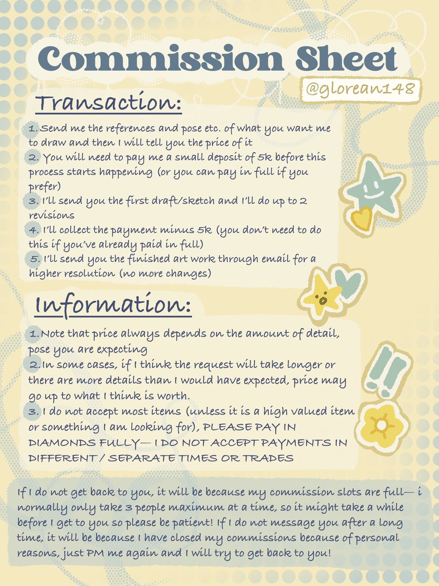 glorean148's tweet photo. Trying to take RH comms on here! (I have done 20+ comms before)
Pls read all the info in my comms sheets :))
Tags: #royalehigh #royalehighcommissions #royalehighcomms #RH #commissionart https://t.co/5AkoBJ2taF
