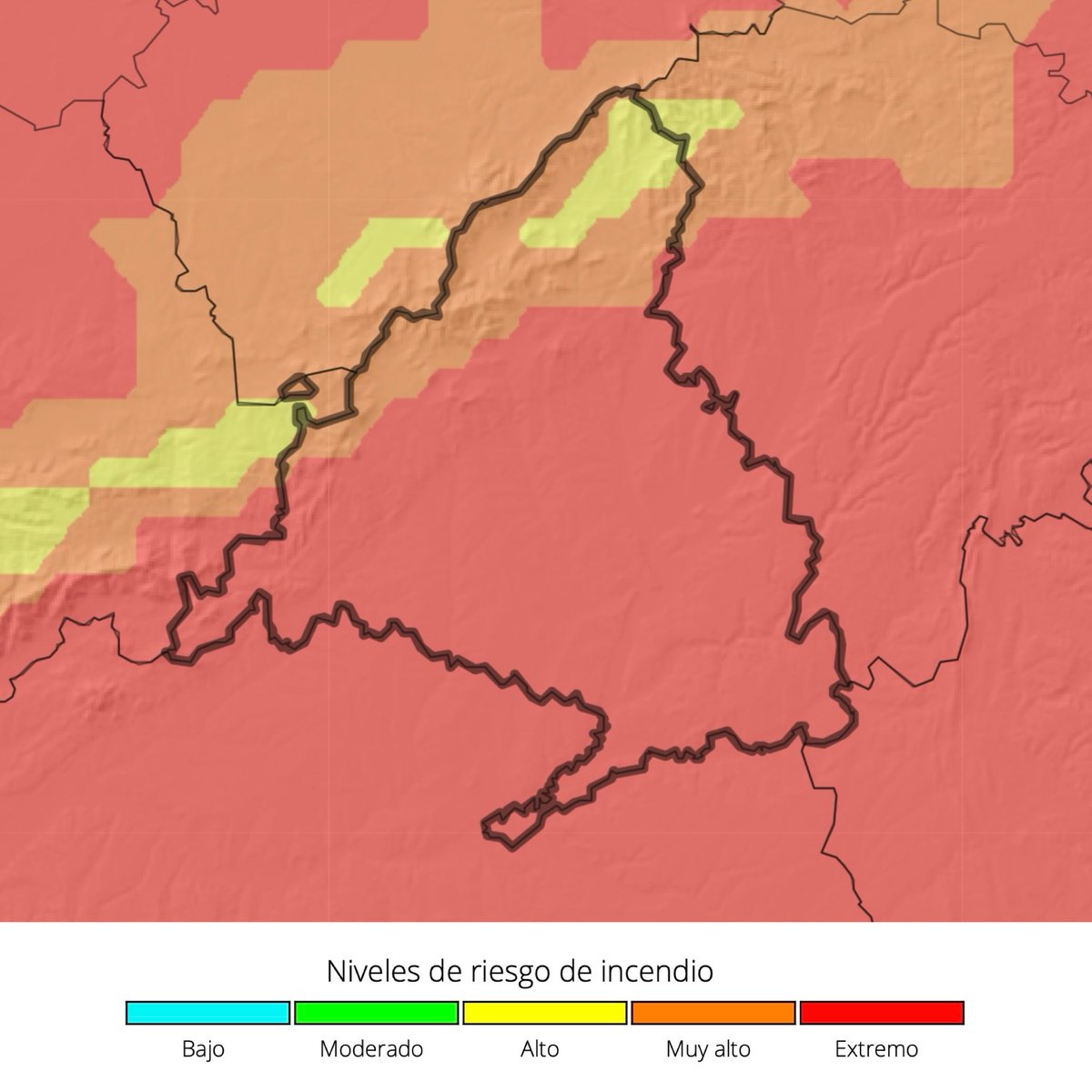 112cmadrid's tweet photo. 🗺️ Mapa de riesgo de #IIFF.

🔴 Nivel EXTREMO. 

🗓️ Sábado, 20 de julio.

Fuente: @AEMET_Esp.

#STOPincendios
#INFOMA24
#ASEM112 https://t.co/FrpuGIZDQq
