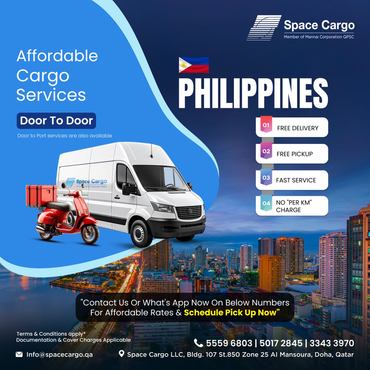spacecargoqa's tweet photo. 🚛 Affordable door-to-door cargo to the Philippines! 🇵🇭

Free delivery, free pickup, and no "per km" charge. Contact Space Cargo now!

📞 5559 6803 | 5017 2845 | 3343 3970
📧 Info@spacecargo.qa
#SpaceCargo #Philippines #AffordableShipping https://t.co/zZPBxYtYC7