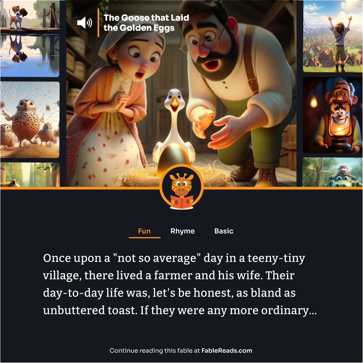 FableReads_com's tweet photo. Fun bedtime reading: Once upon a "not so average" day in a teeny-tiny village, there lived a farmer and his wife...
Continue reading this fable at https://t.co/9LpzCWMk49.
#thegoosethatlaidthegoldeneggs #aesop #fables #funbedtimereading #funstoriesforkids #storytelling #tales https://t.co/oj5CFezBON