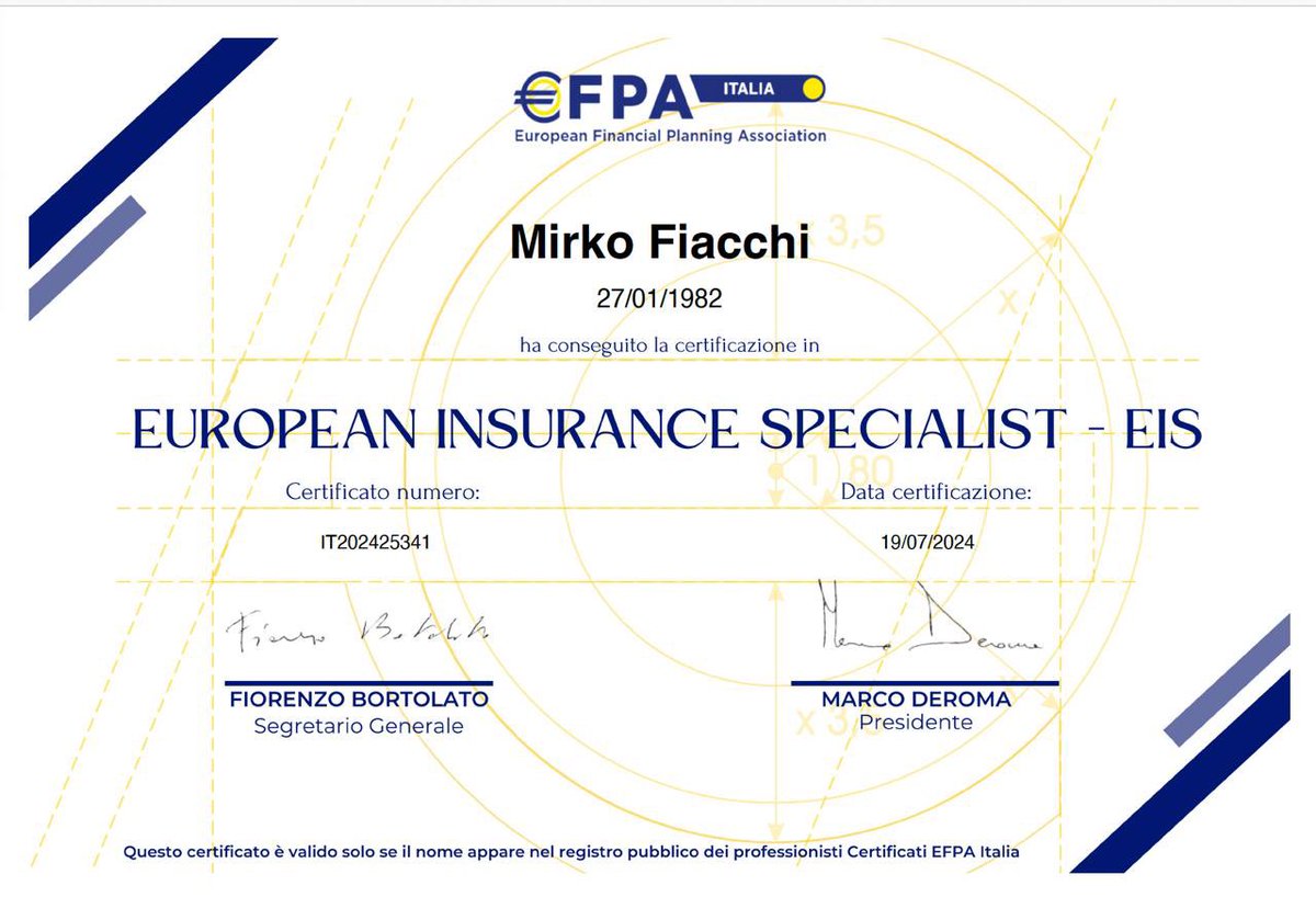 MFiacchi's tweet photo. Sono entusiasta di annunciare di aver ottenuto la certificazione European Insurance Specialist! Un passo importante per la mia crescita professionale. Pronto a mettere in pratica le nuove competenze e a offrire un servizio ancora migliore! https://t.co/C4T0m64EwI