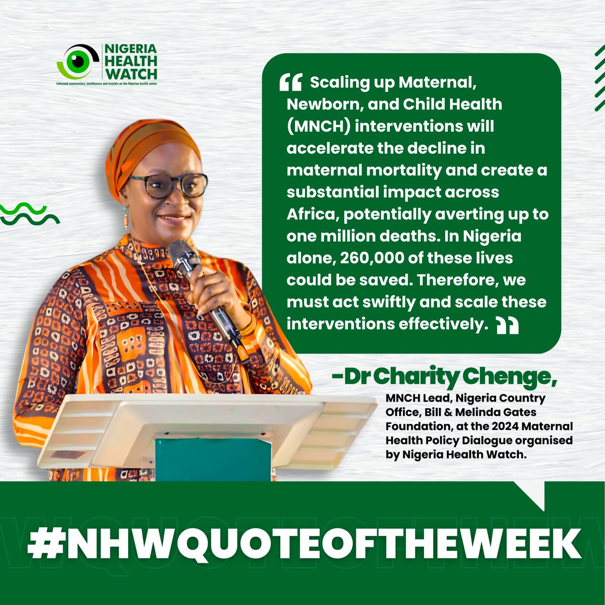 #NHWQUOTEOFTHEWEEK

Maternal, newborn, and child health (#MNCH) lies at the heart of sustainable development and equitable healthcare. 

It is time to scale up interventions that can dramatically reduce maternal mortality globally. Every life counts. We must act now to save the