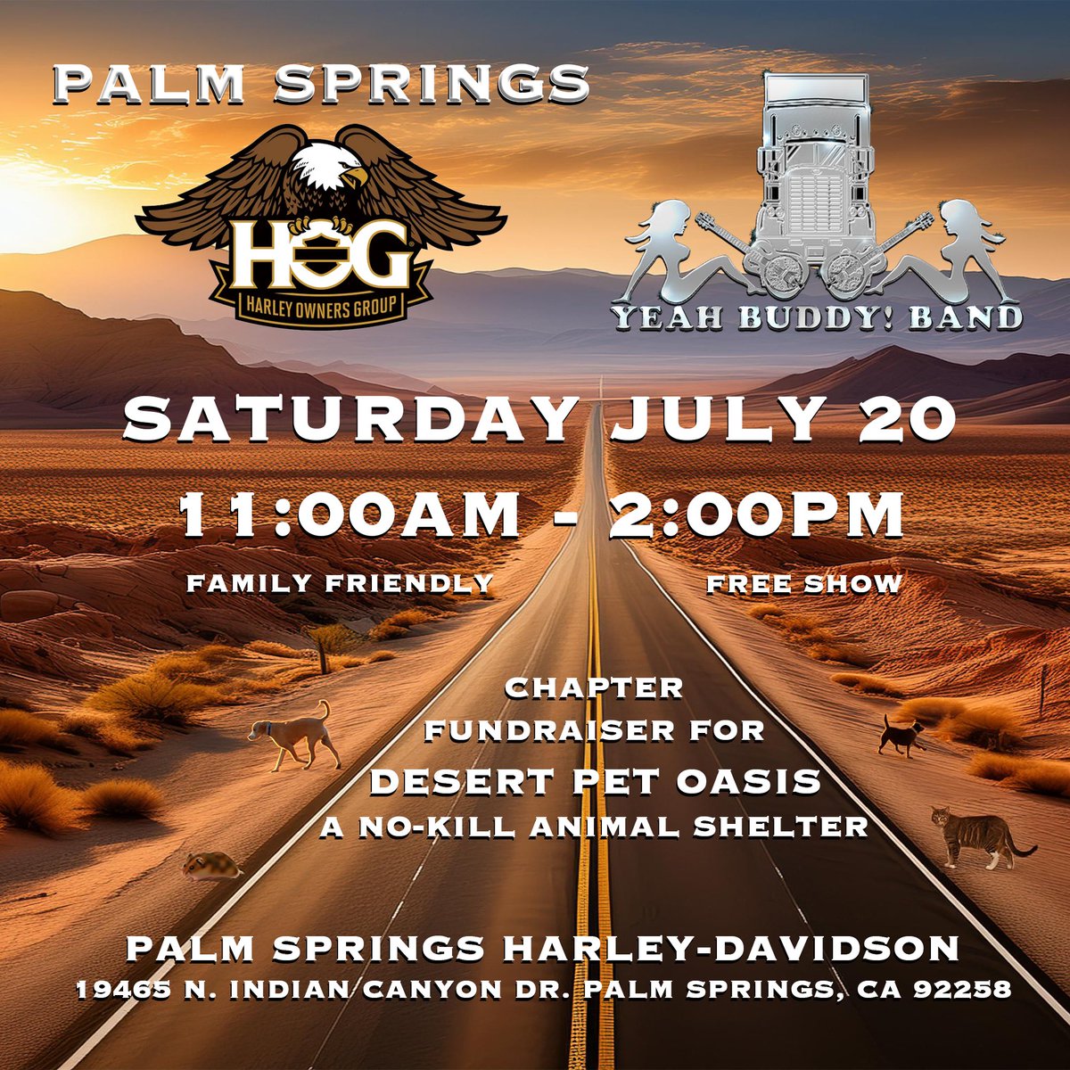 yeahbuddyband's tweet photo. Please join us and Palm Springs Harley Davidson Owner's Group as we Rock &amp; Roll to raise some summer funds for the Animal Shelter in North Palm Springs. Pets receive medical care, food and enjoy their stay until ready to find their FURever homes . 

11:00A -2:00P FREE SHOW, https://t.co/BiXjqgENqq