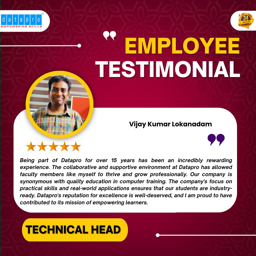 dataproofficial's tweet image. Meet our tech expert! Mr. Vijay Kumar Lokanadam, our Technical Head, shares his experience in making our technology work seamlessly. We&apos;re grateful for your guidance and We&apos;re lucky to have you on our team!
#testimonial #dataprocomputers #celebratewithus #techsuperstar