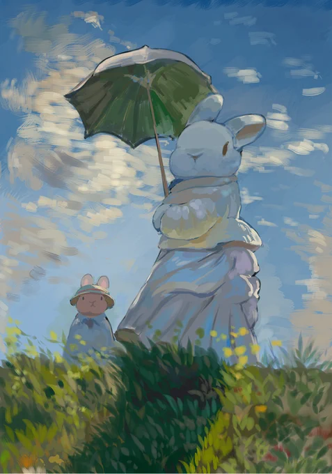 うさんぽ、日傘をさす兎