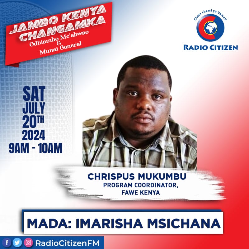 Radio Citizen (@radiocitizenfm) on Twitter photo Awamu ya vijana tunazungumza na Chrispus Mukumbu kutoka <a href="/fawekenya/">FAWE Kenya Chapter</a>, mada: Imarisha Msichana.
<a href="/odhiamboabwao/">Odhiambo Mc'abwao</a> & <a href="/abdimunai/">@abdimunai</a>
#JamboKenyaChangamka Awamu ya vijana tunazungumza na Chrispus Mukumbu kutoka <a href="/fawekenya/">FAWE Kenya Chapter</a>, mada: Imarisha Msichana.
<a href="/odhiamboabwao/">Odhiambo Mc'abwao</a> & <a href="/abdimunai/">@abdimunai</a>
#JamboKenyaChangamka