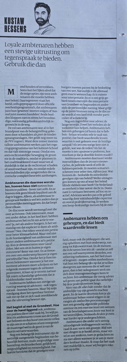 Welke mogelijkheden hebben #ambtenaren als ze moeite hebben met bepaald beleid nu de PVV meeregeert?
<a href="/KustawBessems/">Kustaw Bessems</a> biedt hen een aantal suggesties die een stuk effectiever zijn dan mond houden of opstappen. Vandaag in de Volkskrant. #Wilders