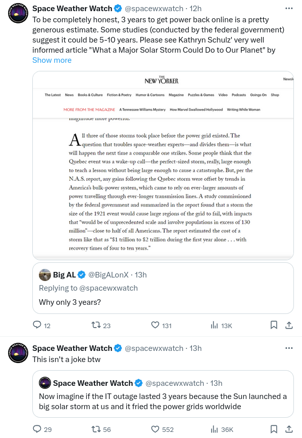 Yes, this very big problem that happened yesterday would be incomparably small to the problem that a real big solar storm could cause today. Literally if yesterday's problem would have been 10 or even 100 times worse, still would not be comparable.
And the question is not that