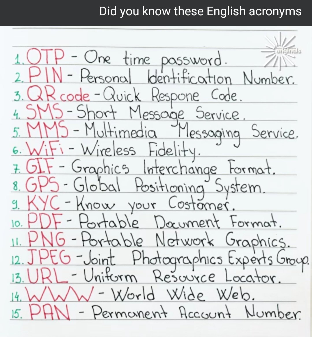 هل تعرف ماذا تعني هذه الإختصارات ؟ 
دائما نستخدمها وربما يغيب علينا مسماها الحقيقي. 

لنتعرف على العبارة كاملة هنا 👇👇