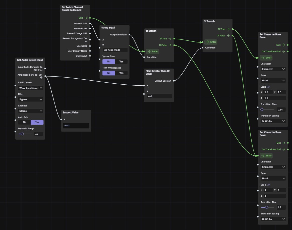 Warudo blueprint makers, please help me! I'm trying to make it so that on a redeem activation, my head scales up if I speak over a certain volume! Here's the node setup I currently have, and if yours includes a "timer" that would be amazing too! Currently, w/ On Update it works.