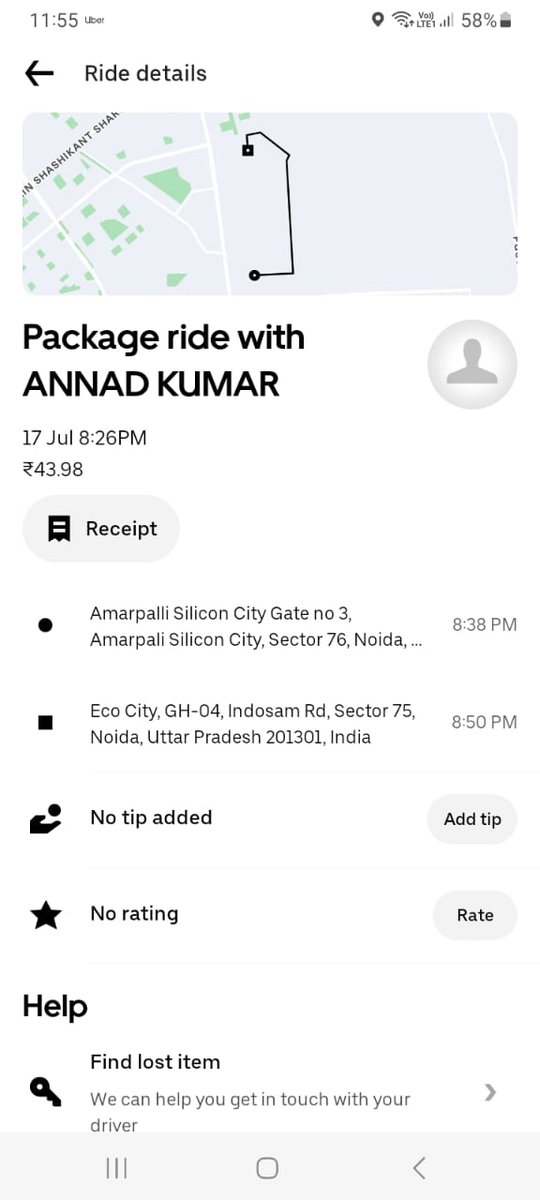 divyacheena's tweet photo. @Uber_Support @Uber_India your riders doesn't deliver packages and they just mark it deliver. I have already reached out to help section but they are of no use. 
This rider marked package delivered and took the package with him!! He strongly mentioned that he will not deliver https://t.co/BPRYEJSNxF