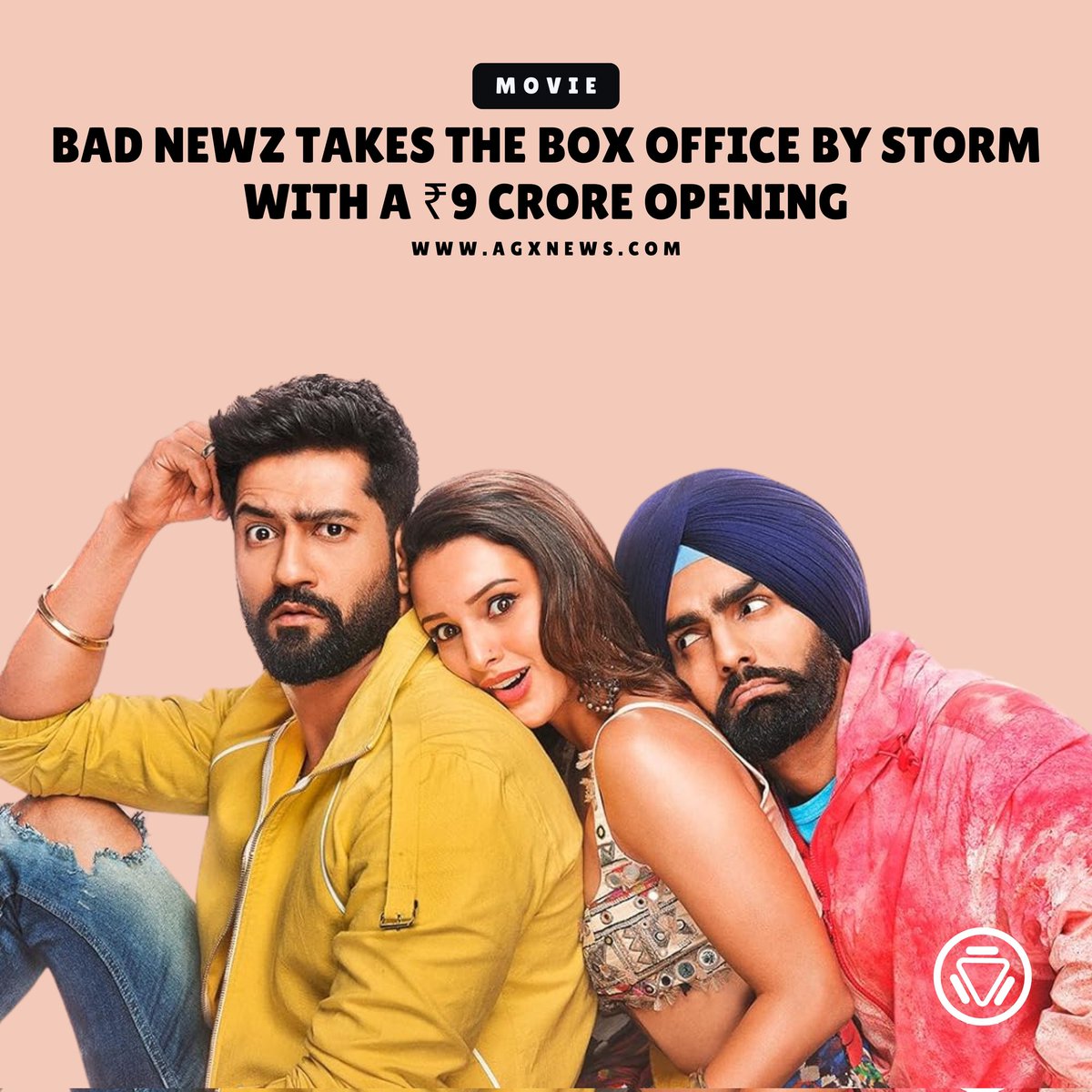 AGXnetwork's tweet photo. Bad Newz debuts with a strong ₹9 crore, topping the box office and capturing audiences with its compelling storyline.
https://t.co/rSZ2JHMS8d

#VickyKaushal #AmmyVirk #TriptiDimri #movie #Badnewz https://t.co/i2Xbm9xD9a