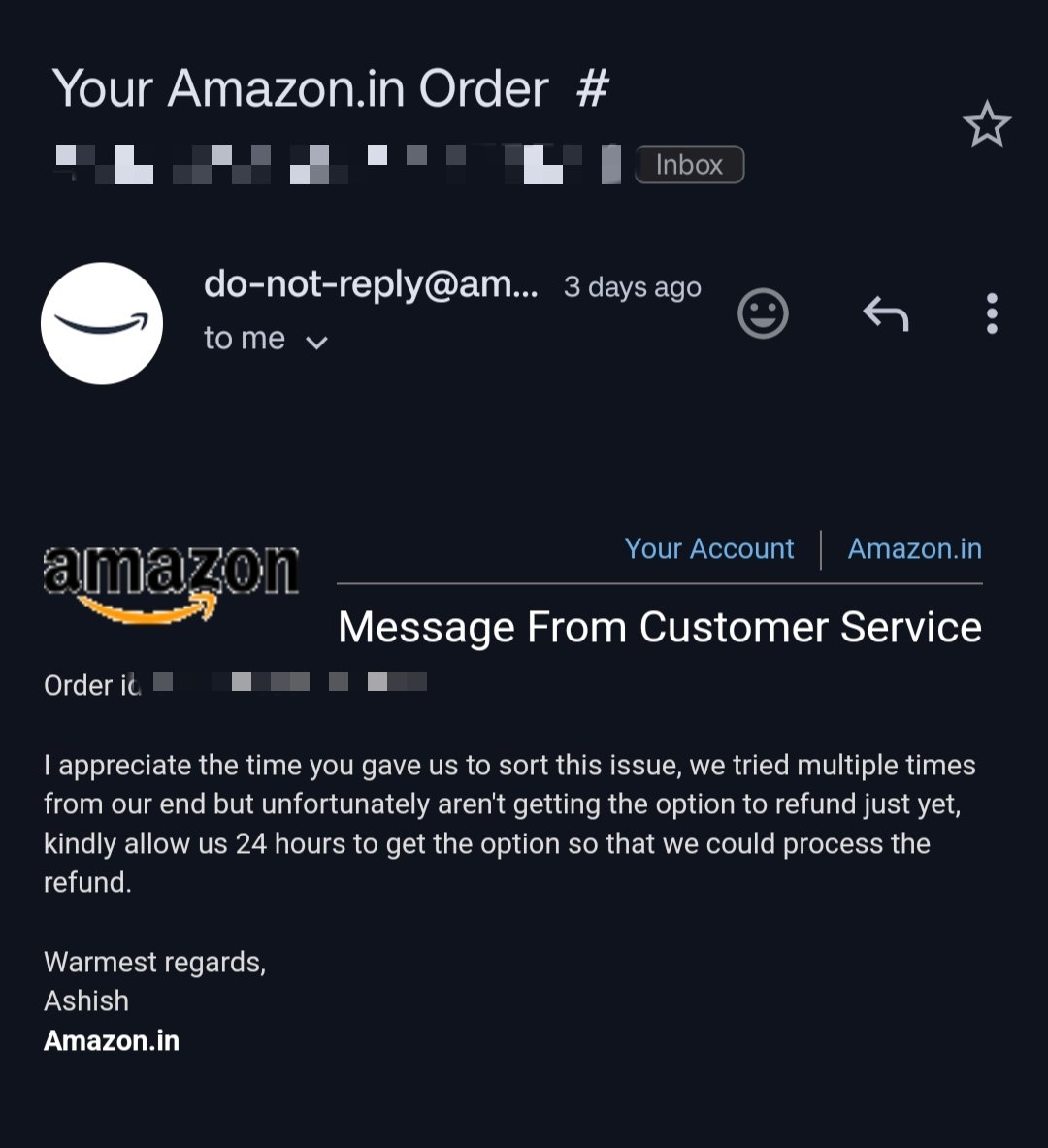 tsaravindan's tweet photo. @amazonIN Attaching the follow-up emails after each customer care session! https://t.co/ZUfJPhyhOT