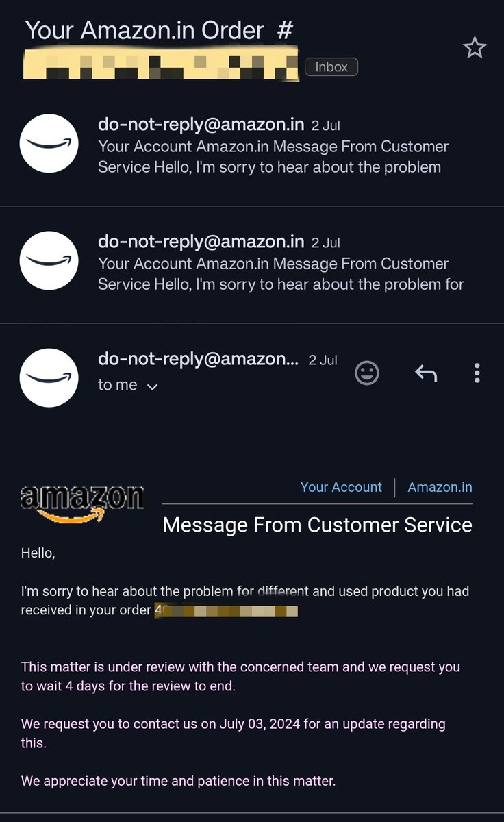 tsaravindan's tweet photo. @amazonIN Attaching the follow-up emails after each customer care session! https://t.co/ZUfJPhyhOT