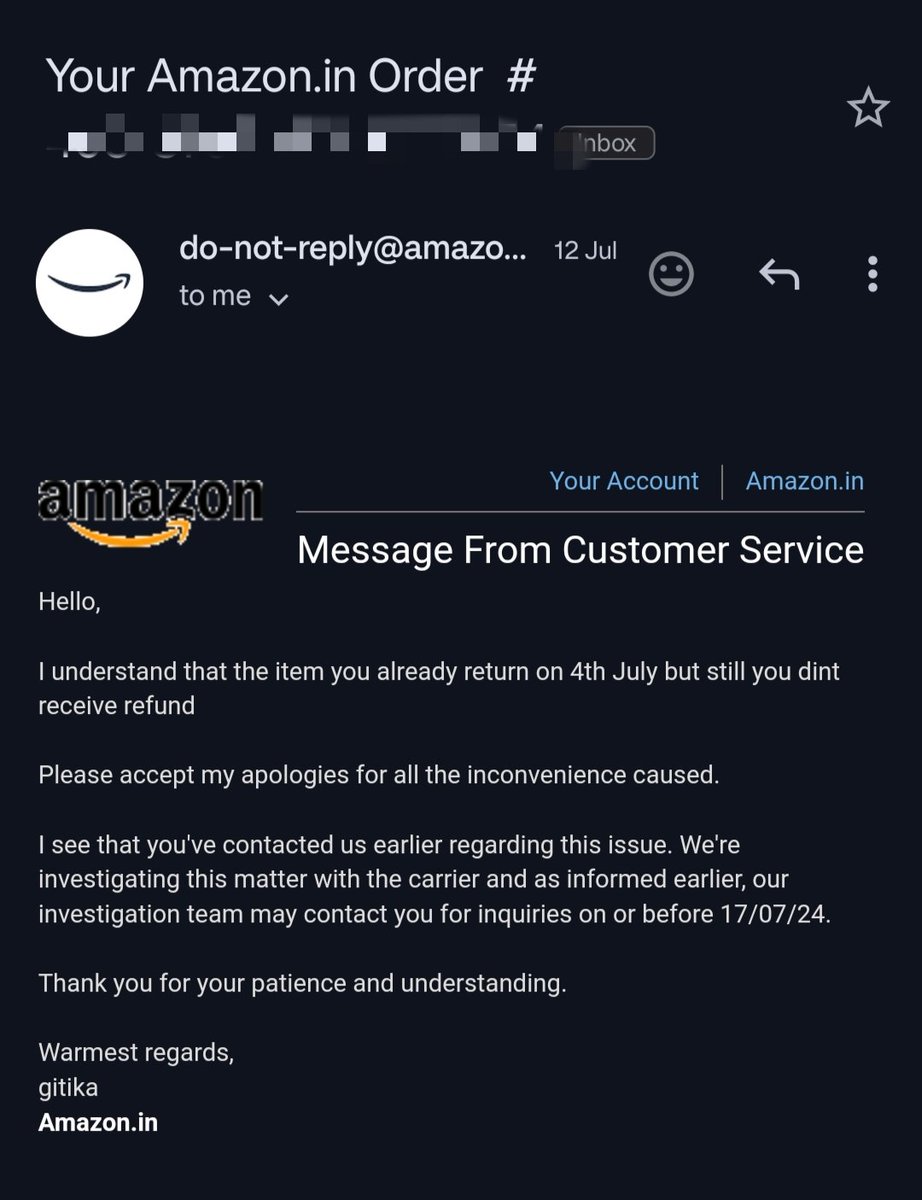 tsaravindan's tweet photo. @amazonIN Attaching the follow-up emails after each customer care session! https://t.co/ZUfJPhyhOT