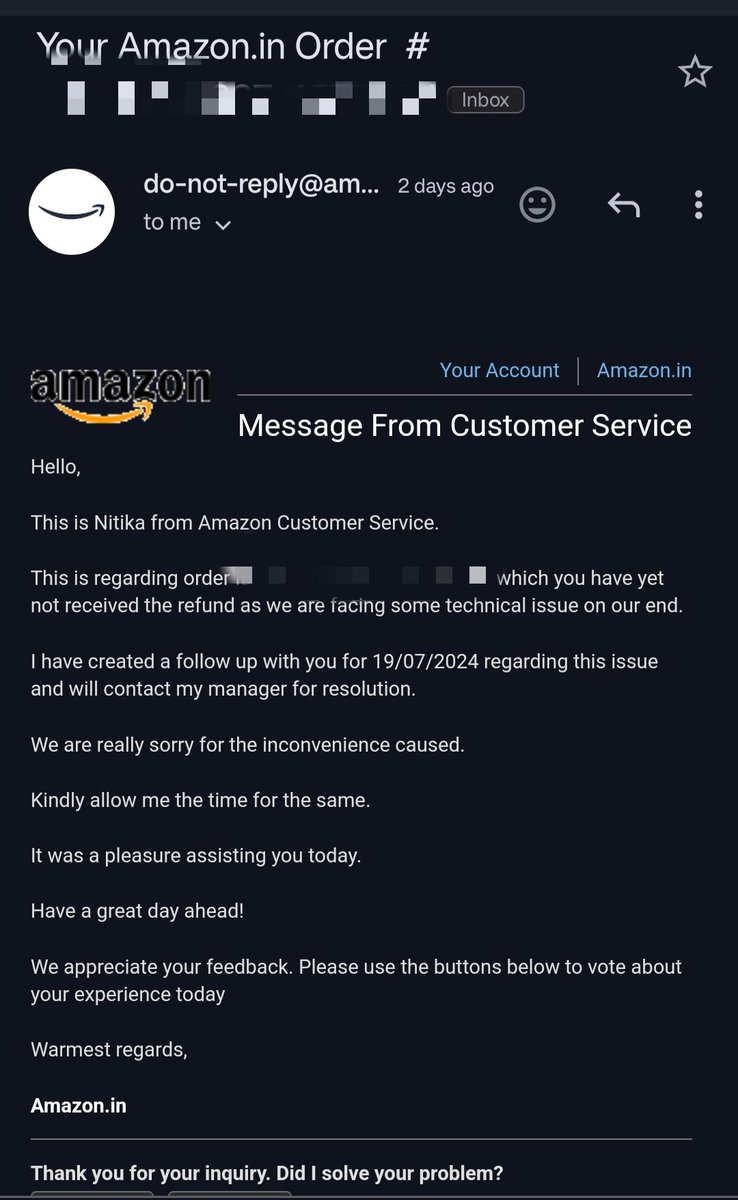 tsaravindan's tweet photo. @amazonIN Attaching the follow-up emails after each customer care session! https://t.co/ZUfJPhyhOT