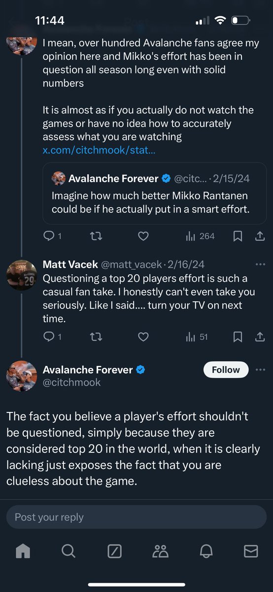 matt_vacek's tweet photo. @citchmook Lmao. You are the most fraudulant Avs fan. Nice tweets early in the season. Mikko always has been good. Clown.  Way to back track. https://t.co/YZMJGSom9u
