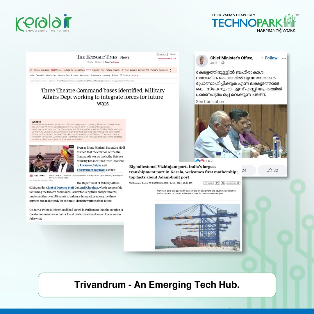 mytechnopark's tweet photo. Trivandrum is rapidly emerging as a hub for innovation and opportunity. It’s also the city of many firsts – from the first IT park in India to being the first digital state in the country.
#Trivandrum #InnovationHub #DigitalState #VizhinjamPort #SpaceTech #VSCC #KSpace https://t.co/AM0Pp5vLHL