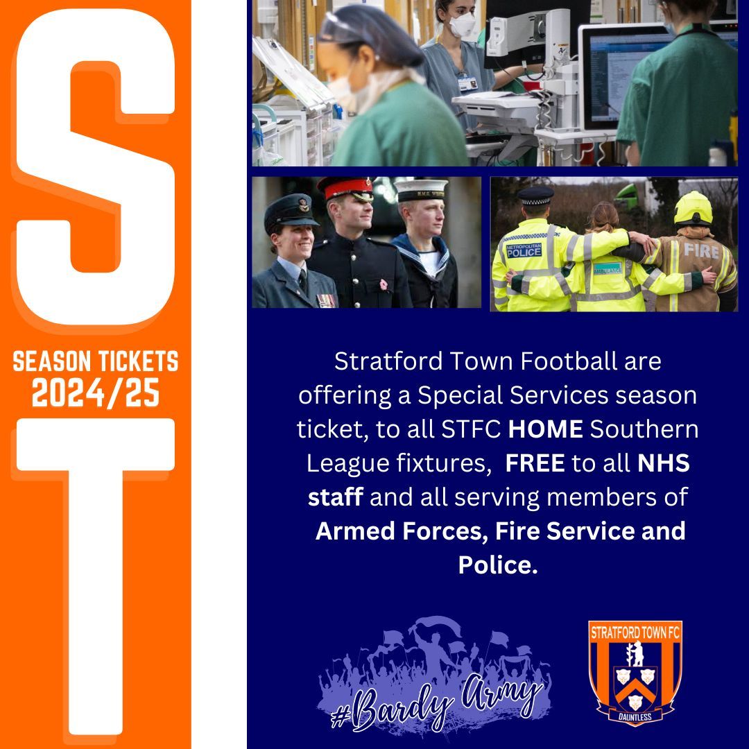 StratfordTownFC's tweet photo. Chairman Jed McCrory is once again offering FREE Season Tickets to ALL NHS Workers and members of the Armed Forces, Police and Fire Service.
The season ticket offers entry to all HOME Southern League Premier Central games. #BardyArmy #1Club #CommunityClub https://t.co/0Z08p8eME4