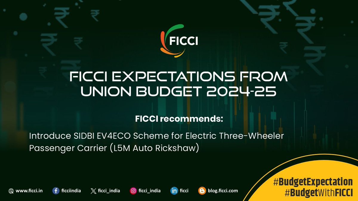 ficci_india's tweet photo. Introduce the SIDBI EV4ECO Scheme for Electric 3-wheeler Passenger Carriers to ensure fast adoption and penetration. Support 10,000 vehicles.
#BudgetExpectation #BudgetWithFICCI
@FinMinIndia @nsitharaman @nsitharamanoffc @DDNewslive @DDNewsHindi @PIB_India @PIBHindi @airnewsalerts @AIRNewsHindi