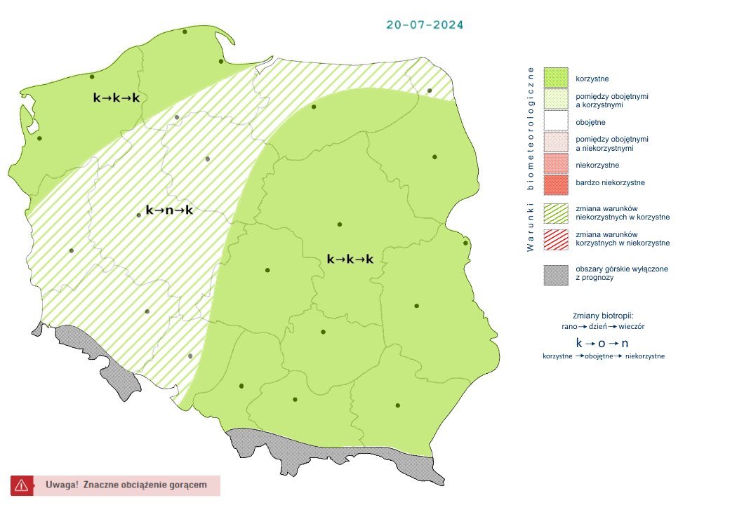 IMGWmeteo's tweet photo. ☀️Utrzymująca się wyżowa, stabilna pogoda nadal przez większość dnia będzie korzystnie wpływała na organizm człowieka. 
🌡️Przejściowe pogorszenie korzystnych warunków biometeorologicznych będzie spowodowane silnym stresem gorąca.
➡️https://t.co/zKHdnnxrU5

#IMGWmeteo #biomet https://t.co/hfcIUdZWkS