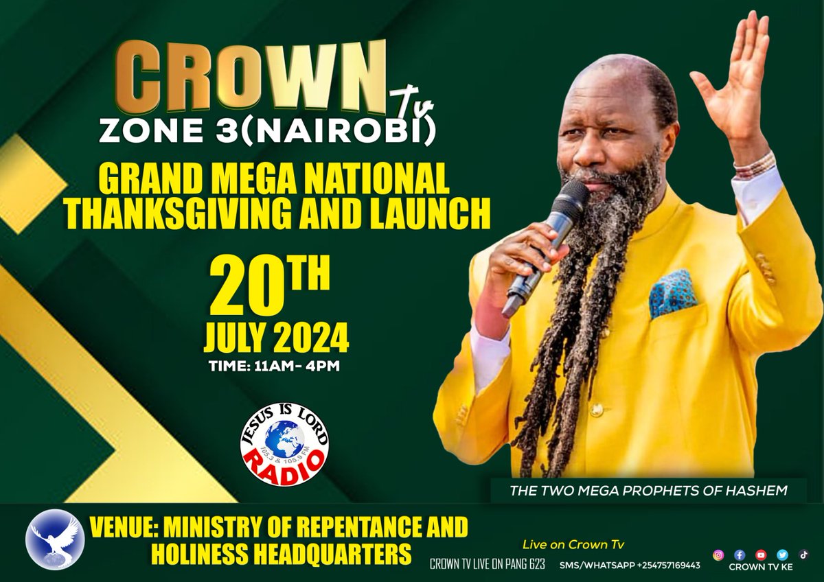 Join us live as Crown TV broadcasts the profound National Thanksgiving Ceremony from Ministry Headquarters, Nairobi

The AUTHORITY and the EFFICACY of the blood of JESUS has been restored in the church landscape and our  cripples are now walking

The Reason of Thanksgiving.