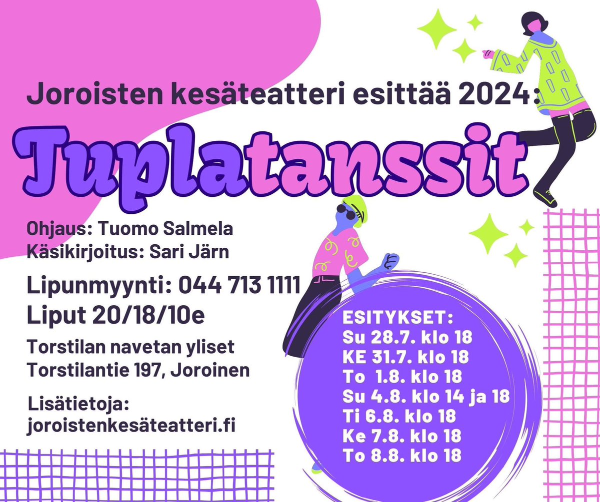 Varaa liput: 044 713 1111.
Joroisten kesäteatteri kuljettaa katsojat tänä kesänä tanssin pyörteisiin.
Tuplatanssit on hyvän tuulen musiikkiteatteriesitys, jossa tulkitaan vapaasti joroislaisen #Tuplahovi n historiaa. 
 
#kesäteatteri  #Joroinen #Joroistenkesäteatteri