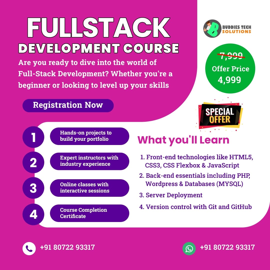 Unlock Your Coding Potential with Our Fullstack Development Course!
buddiestechsolutions.com/pages/product/…
#fullstack #webdesign #WebsiteDevelopment #SEO #digitialmarketing 

✅ Hands-On Projects: Build real-world applications ✅ Expert Instructors: Learn from industry 
        professionals