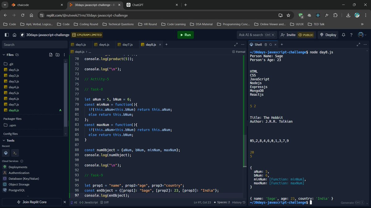 mRutveek21's tweet photo. Day-8
Completed the Tasks of Day 8 of #30DayJavascriptChallenge
You can check the task at my GitHub repository: https://t.co/5sYu0QY30r
#30DaysOfJavascript #javascript #30DaysOfCode #Consistency #chaiaurcode https://t.co/24PrGbJJha