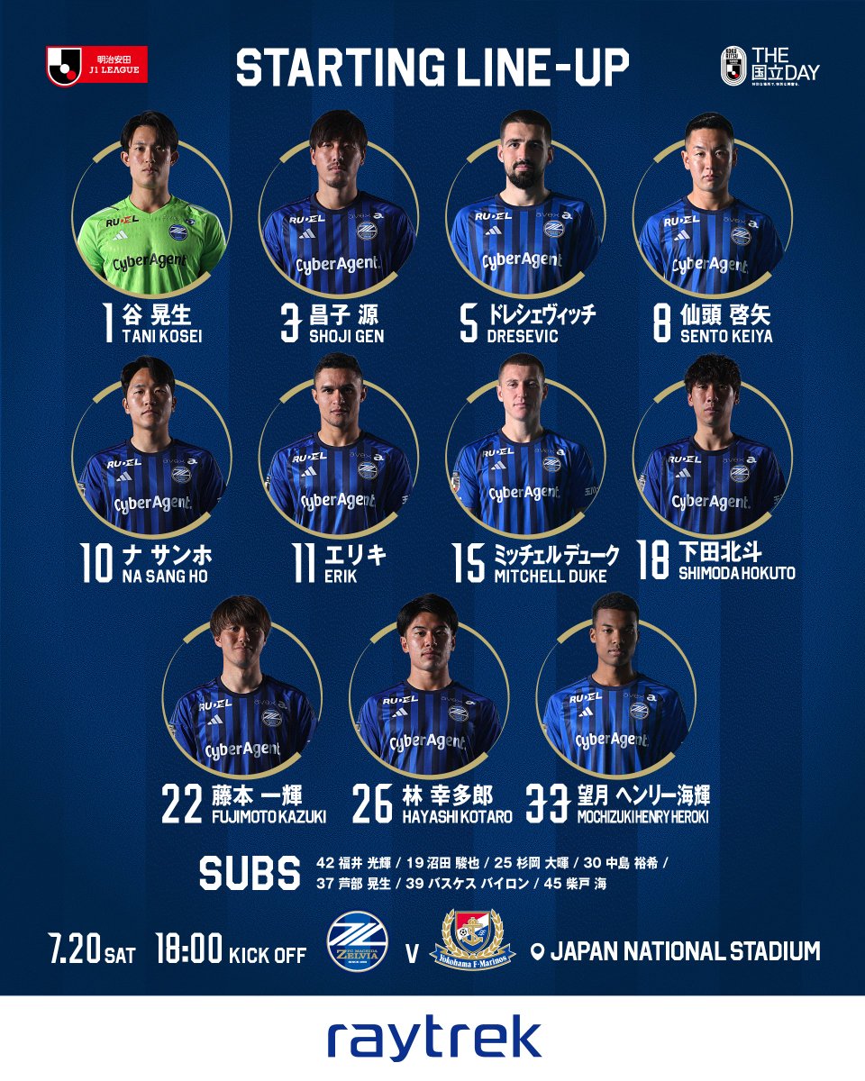 FcMachidaZelvia's tweet photo. ❖━━━
明治安田J1リーグ
第24節 #横浜F・マリノス 戦
スターティングメンバー発表!!
               　                   ━━━❖

今節も熱い応援をよろしくお願いします🔥

#ABEMAdeDAZN で無料生中継📱
▶️https://t.co/GUYjMreJsq

#THE国立DAY #0720横浜FM
#FC町田ゼルビア #zelvia #Jリーグ https://t.co/Tlh2SVjtLp