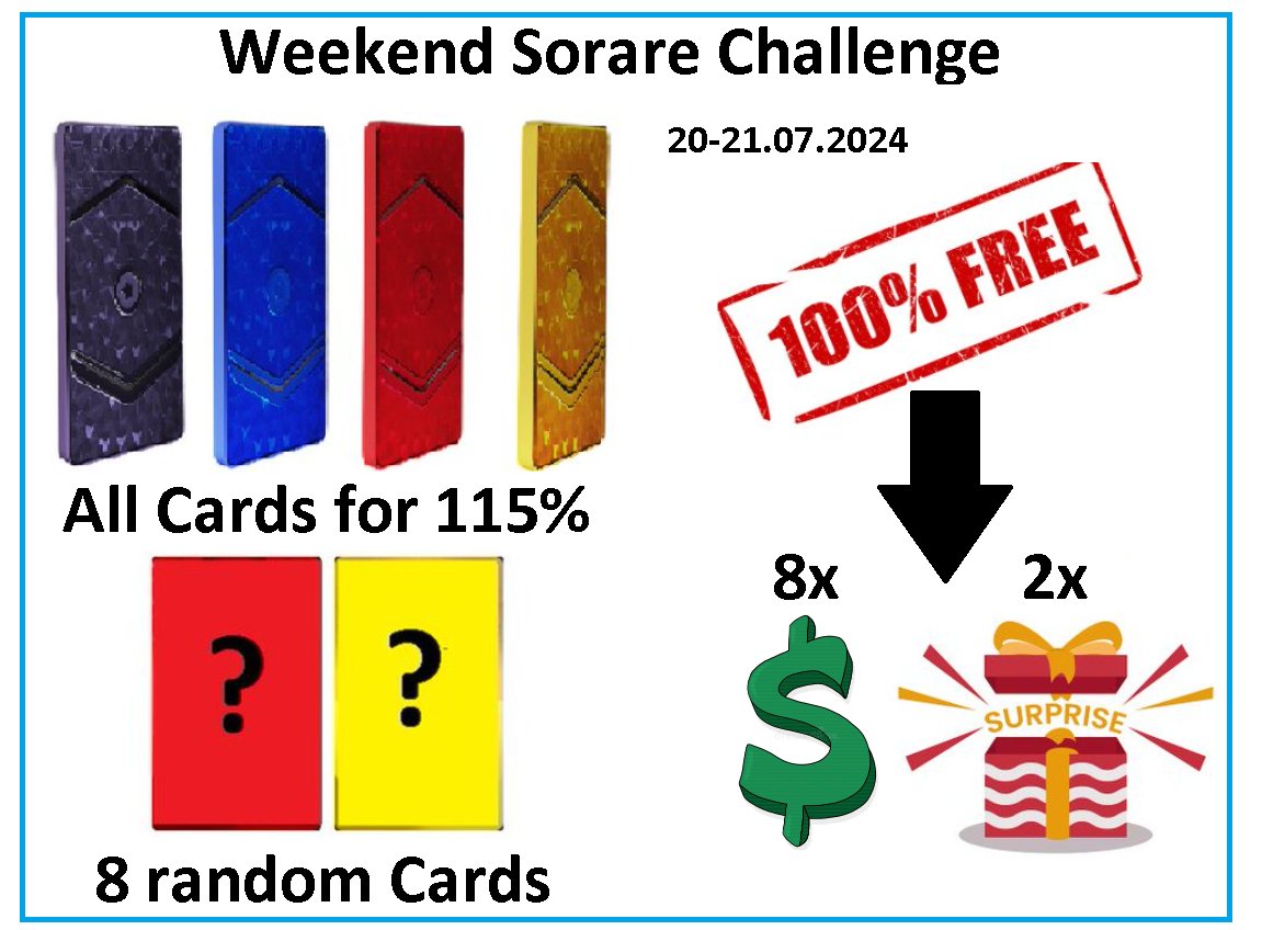 Weekend <a href="/Sorare/">Sorare</a> Challenge starts now 20-21.07.2024!!!

1⃣ Swap ALL my CARDS for 115% of Your cards value! 💯
2⃣ 4 Rare and 4 Limited random cards for people who make at least one transaction during this weekend!
3⃣ 8x 5$ and 2 Suprise prizes for 10 random people - just write Your