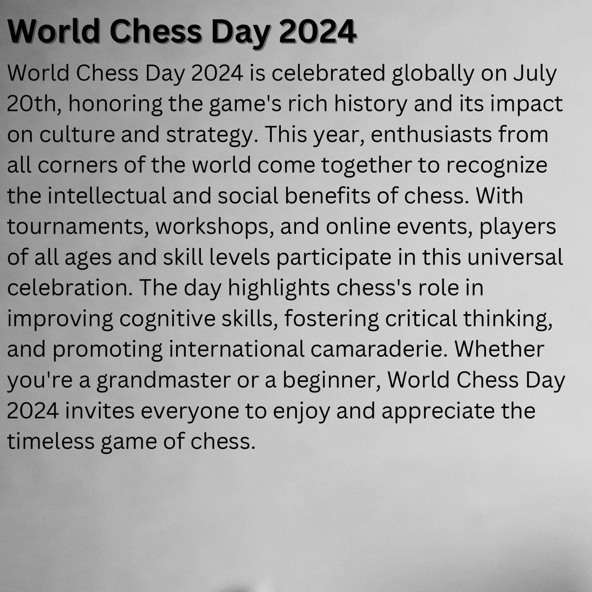 career_ias's tweet image. 🌍♟️ Celebrate World Chess Day 2024! Join us in honoring the game that unites and challenges minds globally. Ready to make your move? 

#WorldChessDay #CareerIAS #Chess2024 #Checkmate