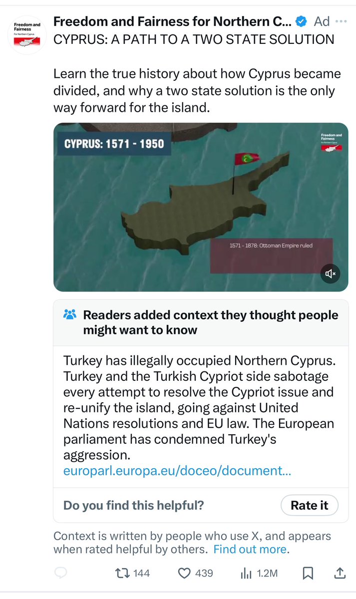 Community Notes correcting these clowns. #Cyprus #turkishinvasion 50 years ago today Turkey invaded our country and still to this day illegally occupy almost half of Cyprus.