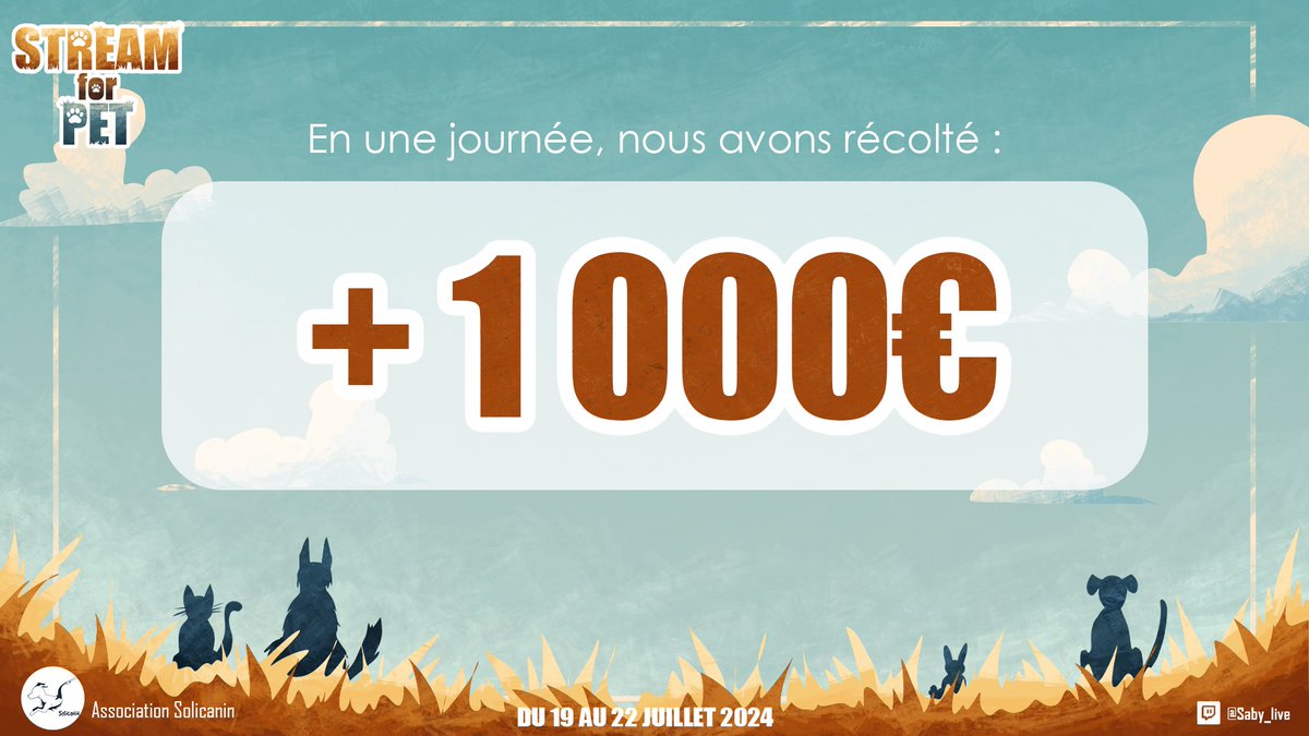 Saby_liive's tweet photo. Incroyable ! ! ⭐
Hier, on a commencé #streamforpet et nous avons récolté en une journée plus de 1 000€ !
L'événement n'est même pas encore terminé. (du 19 au 22 juillet sur @TwitchFR )
Si vous souhaitez soutenir l'association, ça se passe ici : https://t.co/5fgbCnJXYH https://t.co/o69xVtz5ix