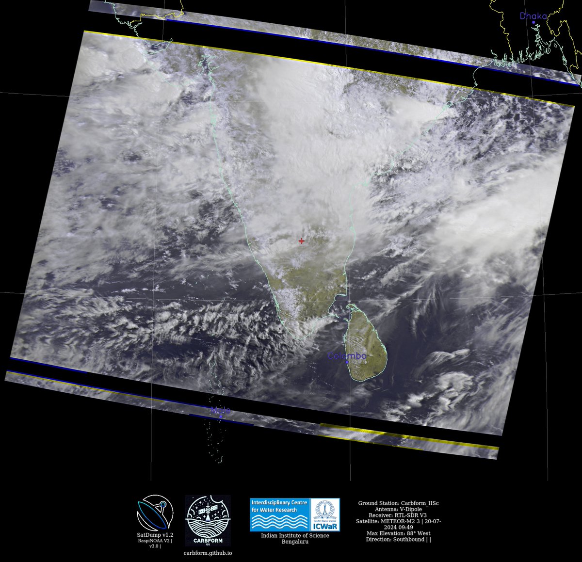 csarat's tweet photo. #MeteorM2_3 #LRPT 20 July 2024,  221 composite from #SatDump.  Monsoon-driven convection with chances of rainfall over Central and South India. #Weather #monsoon #satellite #India #METEOR #NOAA18 #NOAA19 #NOAA15; QTH: #IISc #Bengaluru https://t.co/or5wXs7dFt