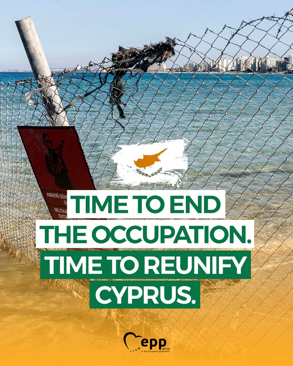 EPPGroup's tweet photo. On the 50th anniversary of the Turkish invasion and illegal occupation of Cyprus, it is time to reunite the island.

The ongoing illegal occupation of 37% of its territory has left #Cyprus divided. This wound remains open to this day. It’s time for Turkey to respect int law. https://t.co/Px7SYtEqG8
